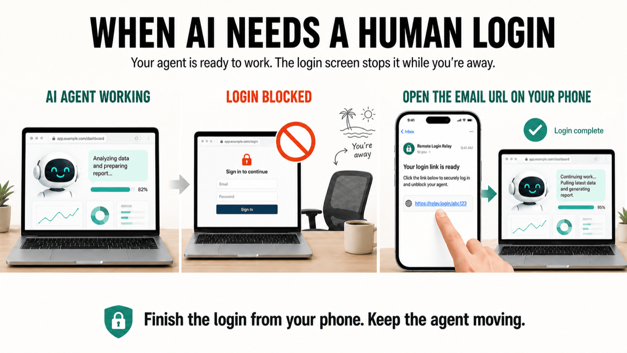 An AI agent hits a browser login block, the user finishes it from an emailed phone link, and the agent continues working